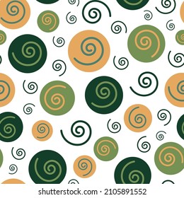 Abstract geometric circle seamless pattern. Green and yellow circles and spiral on white background. Vector illustration.