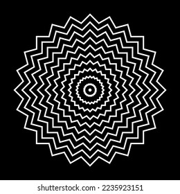 Abstract Geometric Circle Zig Zag Lines White Pattern on Black Background. Vector Art.