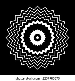 Abstract Geometric Circle Zig Zag Lines White Pattern on Black Background. Vector Art.