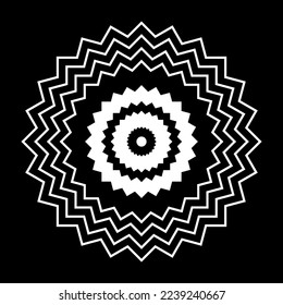 Abstract Geometric Circle Zig Zag Lines White Pattern on Black Background. Vector Art.