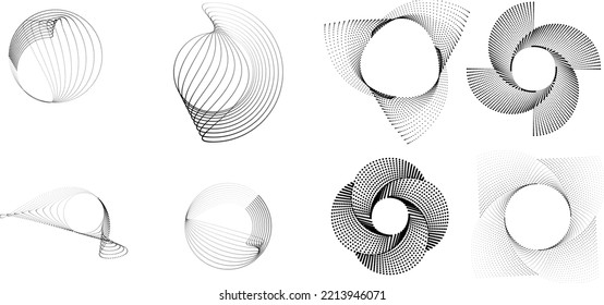 Abstract geometric circles with halftone  dots. Vector rotating dotted Line Design . Transparent design element . Concentric circles logo set .Minimal art 