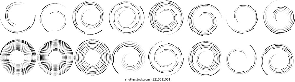 Abstract geometric circles with halftone  dots. Vector rotating dotted Line Design . Transparent design element . Concentric circles logo set .Minimal art 
