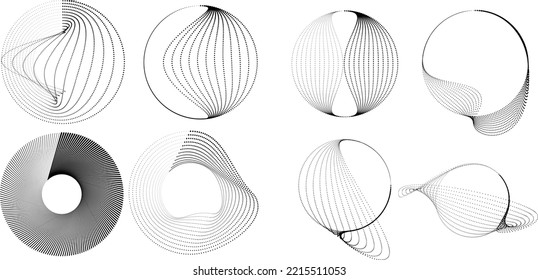 Abstract geometric circles with halftone  dots. Vector rotating dotted Line Design . Transparent design element . Concentric circles logo set .Minimal art 