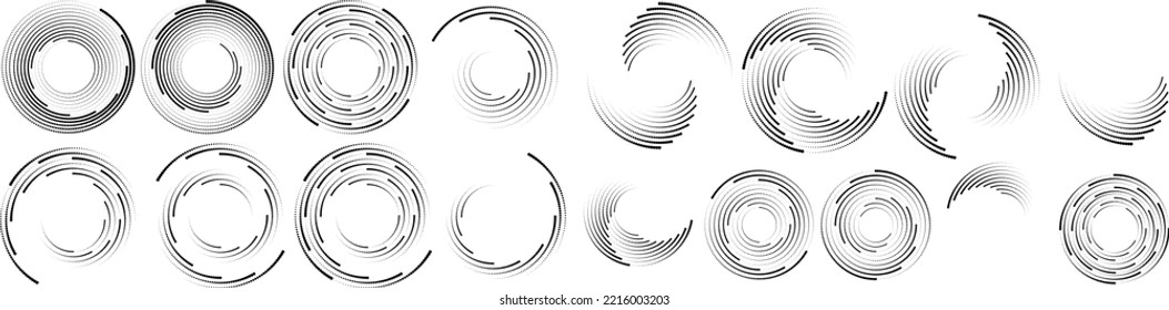 Resumen de círculos geométricos con puntos de semitono. Diseño de líneas punteadas giratorias de vectores. Elemento de diseño transparente. Conjunto de logotipos de círculos concéntricos .Arte mínimo 