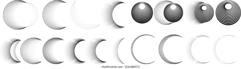 Abstract geometric circles with halftone  dots. Vector rotating dotted Line Design . Transparent design element . Concentric circles logo set .Minimal art 