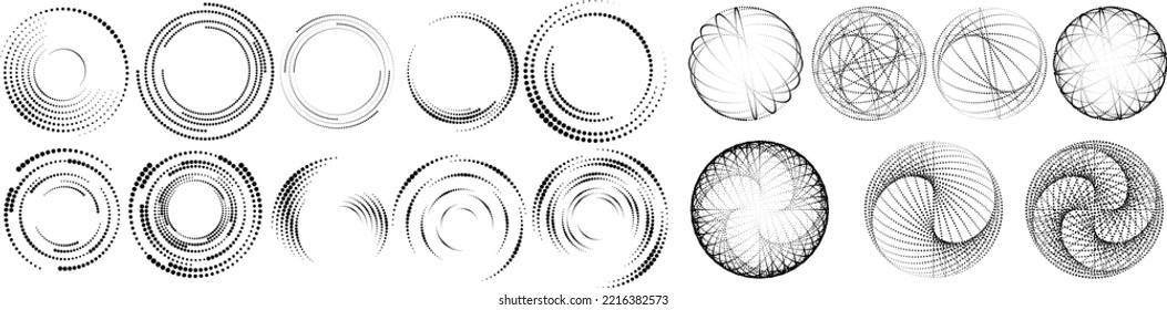 Abstrakte geometrische Kreise mit Halftonpunkten. Vektor rotierende Linie Design . Transparentes Design-Element . Logo-Set für konzentrische Kreise .Minimale Kunst 