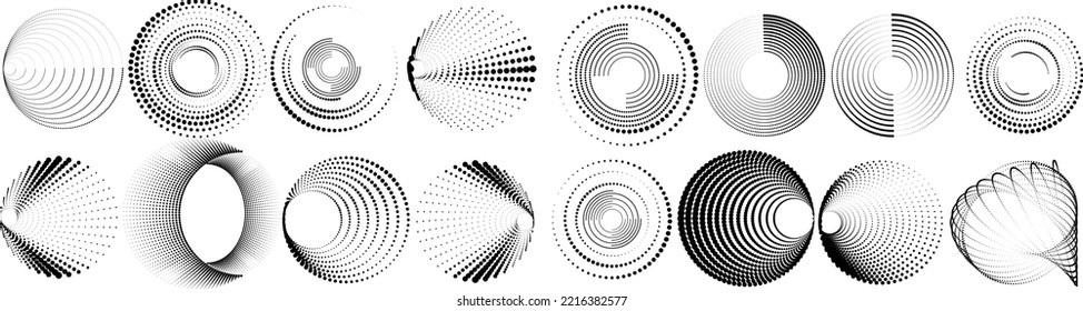 Abstract geometric circles with halftone  dots. Vector rotating dotted Line Design . Transparent design element . Concentric circles logo set .Minimal art 