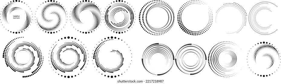 Abstract geometric circles with halftone  dots. Vector rotating dotted Line Design . Transparent design element . Concentric circles logo set .Minimal art 