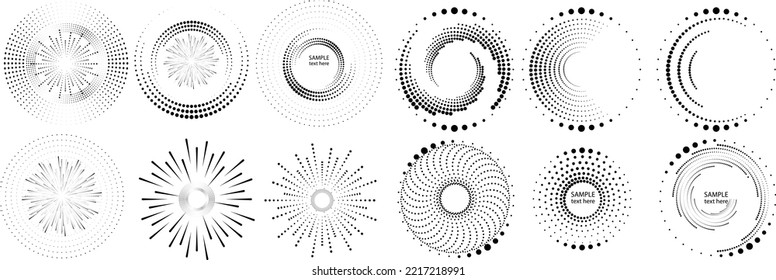 Abstract geometric circles with halftone  dots. Vector rotating dotted Line Design . Transparent design element . Concentric circles logo set .Minimal art 