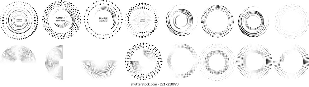 Abstract geometric circles with halftone  dots. Vector rotating dotted Line Design . Transparent design element . Concentric circles logo set .Minimal art 
