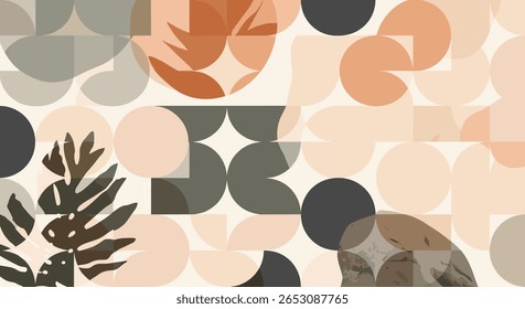 Círculos geométricos abstratos e formas orgânicas misturam-se em tons terrosos quentes com motivos de folhas naturais para uma estética boêmia moderna