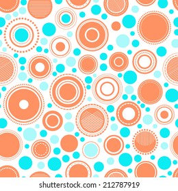 Abstract geometric circles seamless pattern in orange and blue, vector