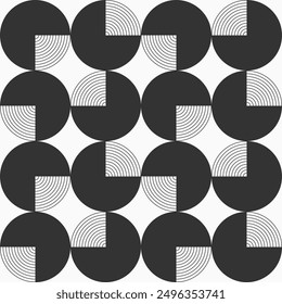 Abstract geometric circles seamless vector pattern. Vector monochrome background. Repeatimg quarter circles shapes. Simple geometric shapes pattern. Poster or cover flat design. Black and white.