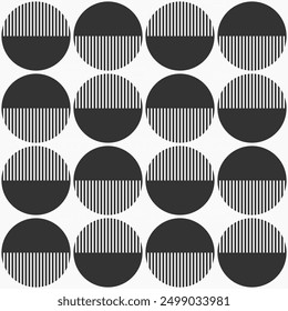 Abstract geometric circles seamless vector pattern. Vector monochrome background. Repeatimg half striped circles shapes. Simple geometric shapes pattern. Poster or cover flat design. Black and white.