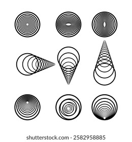 Abstract Geometric Circular and Conical Line Art Design Vector Illustration. This vector features a collection of black geometric designs, showcasing variations of concentric circles and ellipses.