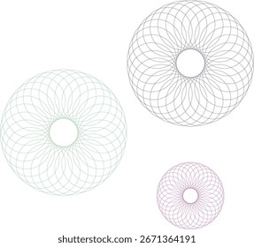Abstract geometric circular patterns with colorful line art shapes on white background,