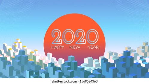 Abstract geometric city building and sunrise blank space pastel color tone background with happy new year 2020 celebration greeting text