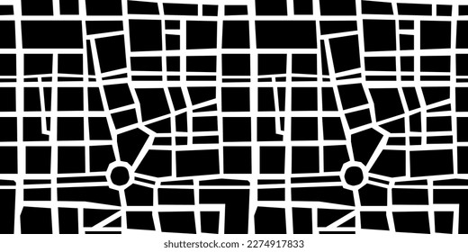 Abstract geometric city map illustration seamless pattern. Black and white town gps, urban cartography background print. Geography plan, navigation texture wallpaper.