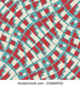 Abstract geometric city map ornament printed on textured striped fabric background. Seamless pattern. Vector.