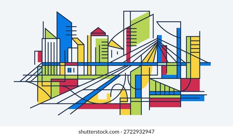 Abstrakte geometrische Stadt Skyline Vektorgrafik. Moderne Stadtarchitektur mit Brücke und Wolkenkratzern im flachen Kunststil. Bunte minimalistische Stadtlandschaft