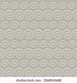 Abstract geometric classic retro seamless pattern. Spiral, swirl, vortex, whirlpool ornament. Pearl gray and gold colors. 3d effect