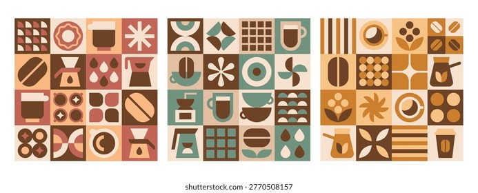 Abstract geometric coffee design poster with beans, hot drink, sweets, beverage cup, leaves, bauhaus modern elements. Vector minimalist seamless pattern background template for cafe menu, food package
