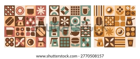 Abstract geometric coffee design poster with beans, hot drink, sweets, beverage cup, leaves, bauhaus modern elements. Vector minimalist seamless pattern background template for cafe menu, food package