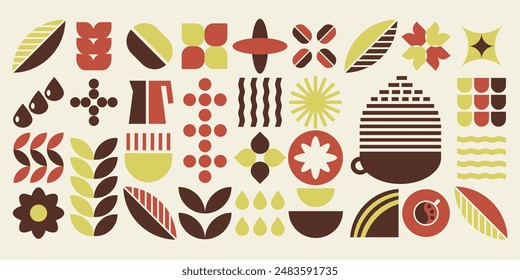 Abstract geometric coffee pattern background. Natural organic plants shapes, coffee shop menu concept. Vector bauhaus illustration