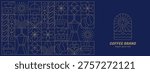 Abstract geometric coffee pattern in minimalist style. Vector seamless blue background with hand drawn line art beans, drink cups, hot teapot, plant leaves, bauhaus outline elements for cafe menu