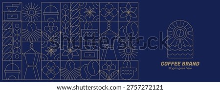 Abstract geometric coffee pattern in minimalist style. Vector seamless blue background with hand drawn line art beans, drink cups, hot teapot, plant leaves, bauhaus outline elements for cafe menu