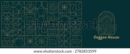 Abstract geometric coffee pattern in minimalist bauhaus style. Vector seamless background with hand drawn line art beans, cups, plant leaves, hot drink outline elements for cafe menu, food packaging