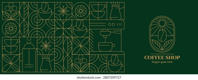 Abstract geometric coffee shop logo design and slogan in minimalist style. Vector seamless pattern background with hand drawn line art beans, drink cups, plant leaves, outline elements for cafe menu