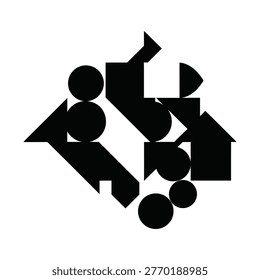 Abstract geometric collage of black shapes forming a dynamic, nonrepresentational composition.