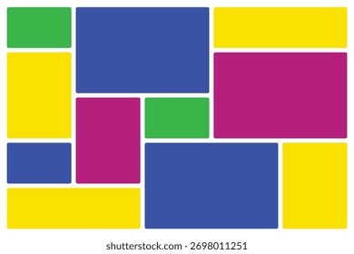 Collage geométrico Abstractas de rectángulos brillantes y cuadrados en verde, amarillo, púrpura y azul sistema de rejilla de Bento