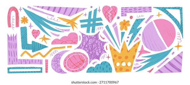 Abstrato colagem geométrica sucata recorta fundo. Figuras de forma livre definidas. Semicírculos, estrelas, nuvem, setas, coração doodle adesivos com texturas de giz de cera. Ilustração gráfica vetorial isolada sem erros