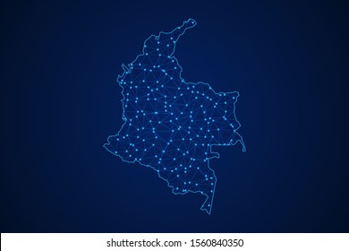 Abstract geometric of Colombia map polygonal line, structure and point scales on blue dark background with lights and dots. Vector illustration eps 10.