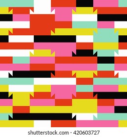 Abstract geometric color blocked pattern with lines, stripes, bricks,  random geometric shapes. Vector seamless abstract print in op art style. Colorful bold textile design for summer fall fashion