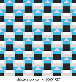 Abstract geometric color blocked pattern with triangles, stripes, bricks, random geometric shapes. Vector seamless abstract print in op art style. Colorful bold textile design for summer fall fashion