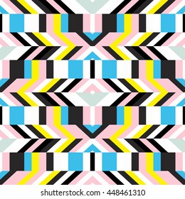 Abstract geometric color blocked pattern with lines, stripes, bricks, random geometric shapes. Vector seamless abstract print in op art style. Colorful bold textile design for summer fall fashion