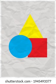 Abstract geometric color solids figures still life illustration. Flat cube cylinder sphere on white paper effect background. Abstract design poster