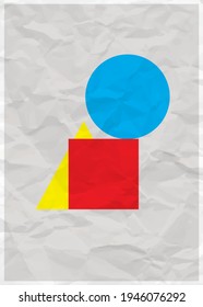 Abstract geometric color solids figures still life illustration. Flat cube cylinder sphere on white paper effect background. Abstract design poster
