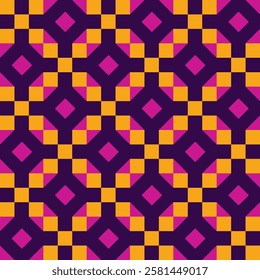 Abstract geometric color vector seamless pattern. Barn quilt seamless pattern. Patchwork design. Vector illustration. For textile, interior design, backgrounds, clothing. Pink, yellow, purple color.