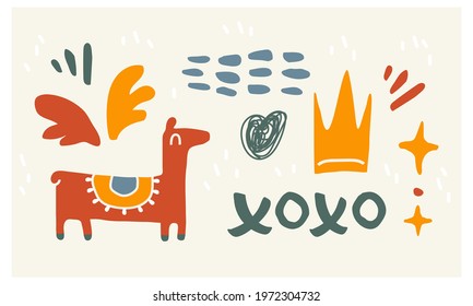 Abstract geometric colored shapes and hand drawn doodle objects. Trendy contemporary modern set. Isolated llama, crown, wings, blobs, xoxo text as design elements for your work. Vector illustration