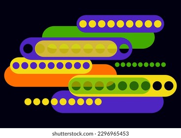 Abstract geometric colorful background with circles, rounded rectangles. Graphic pattern of simple shapes. Vector illustration