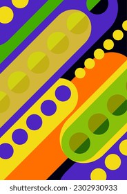 Abstract geometric colorful background with circles, rounded rectangles. Graphic pattern of simple shapes. Vector illustration