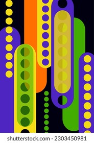 Abstract geometric colorful background with circles, rounded rectangles. Graphic pattern of simple shapes. Vector illustration