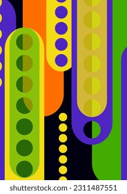 Abstract geometric colorful background with circles, rounded rectangles. Graphic pattern of simple shapes. Vector illustration