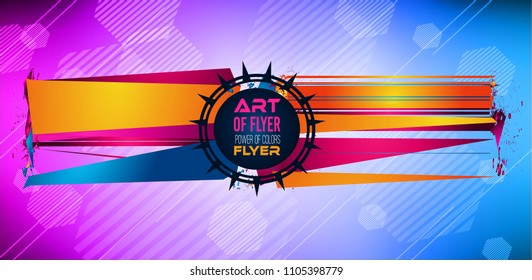 Abstract Geometric colorful background with high saturated gradients and different geometrical shape with frame template. Cover or Flyer layout with free space for text.