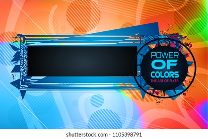 Abstract Geometric colorful background with high saturated gradients and different geometrical shape with frame template. Cover or Flyer layout with free space for text.