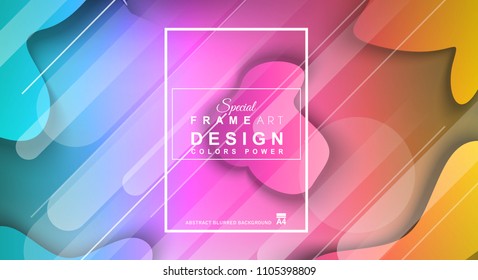 Abstract Geometric colorful background with high saturated gradients and different geometrical shape with frame template. Cover or Flyer layout with free space for text.